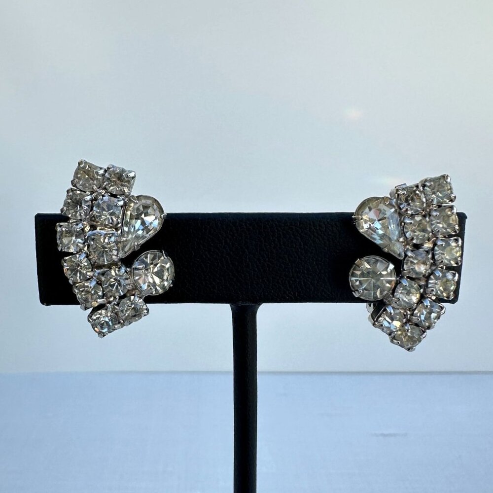 Vintage Rhinestone Clip-On Earrings Silver Tone 1"